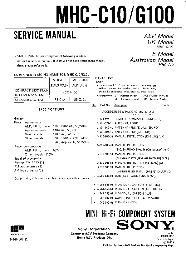 Sony Mhc 801 Service Manual